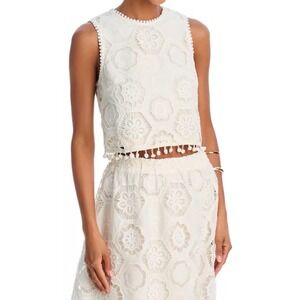 AQUA Eyelet Crop‎ Top Sleeveless Pom Pom Trim Ivory White XS